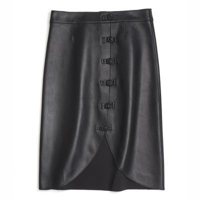 China Breathable Chinese Black Leather Bonded Sheespkin Frog Leather Skirt with Buttons for sale