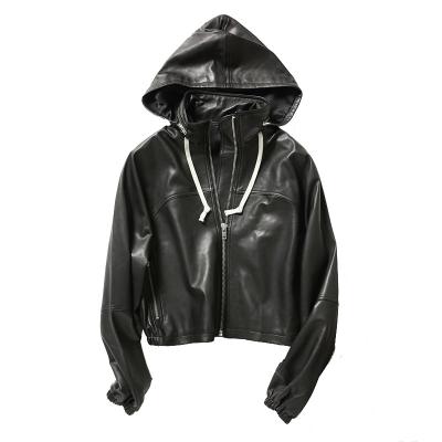 China Breathable Genuine Sheepskin Style Woman Leather Cropped Jacket With Hood for sale