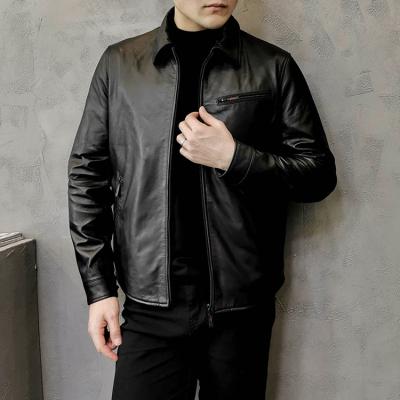 China Custom Available Black Collared Leather Jacket Breathable Cowhide Leather For Men for sale