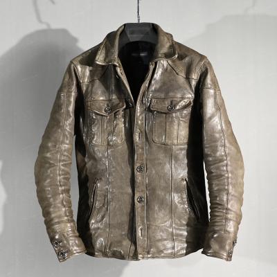 China Antique style men's breathable veg. Real Garment Wash Tan Leather Jacket for sale