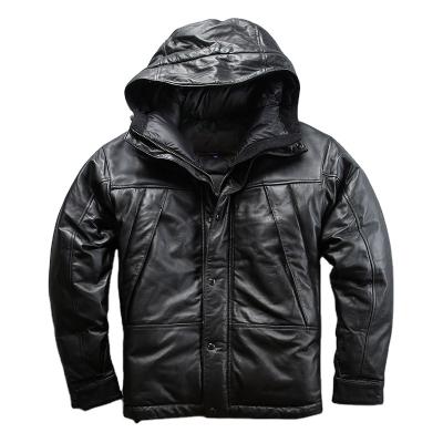 China Custom Made Breathable Thick Warm Thick Coat Genuine Leather Winter Down Hooded Leather Jacket Stripper Jacket for sale