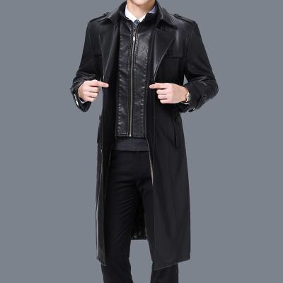 China Two Pieces Fashion Overcoat Custom Faux PU Vegan Knee Length Ditch Leather Coat Men's Outerwear for sale