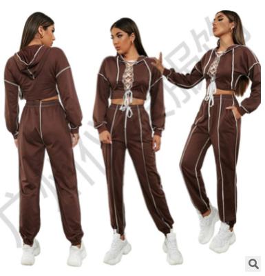 China QUICK DRY women's sexy wide-leg hoodie lace-up pants hollowed-out hoodie two-piece set for sale