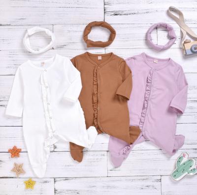 China 100% Cotton Footie Jumpsuit Newborn Infant Headband 2 Piece Set Toddler Girls Long Sleeve Cotton Solid Baby Ruffled Footed Romper for sale