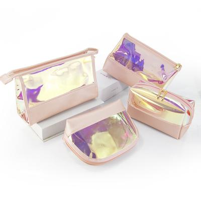 China Custom Factory Travel Cosmetic Bag Fashion Clear Waterproof Transparent PVC Laser Stitching Waterproof PU Makeup Holder Wash Bag Pouch for sale