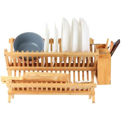 China Sustainable Foldable Bamboo Collapsible 2-Tier Dish Drying Rack With Utensils Flatware Rack for sale