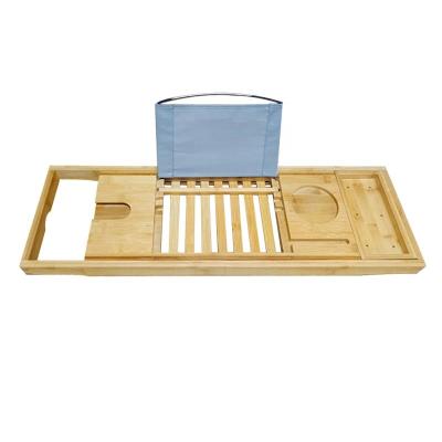 China Eco-Friendly Adjustable Bamboo Tub Rack Bath Tray With Extendable Bamboo Wine Glass Rack Bathtub Caddy Tray for sale