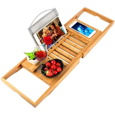 China Sustainable Adjustable Bathroom Book Holder Bamboo Tub Cart Tray With Extending Sides for sale