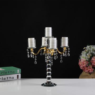 China New Trend Morden Gold K9 Crystal Candelabra 5 Arms Candle Holders Crystal Glass Tube Shades Wedding Centerpieces for sale