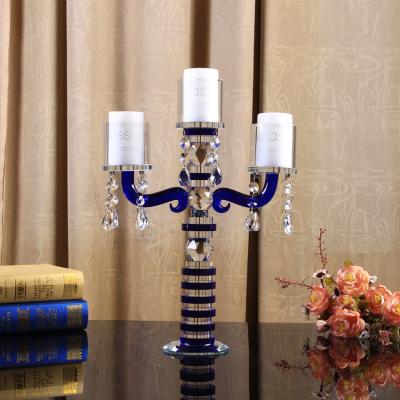 China Beautiful Morden 3 A.M. Glass Candlestick Small Blue Crystal Pillar Candlesticks For Table Decoration for sale