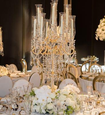 China Large classic beaded crystals hanging floor standing golden 9am k9 crystal candelabra for event decor for sale