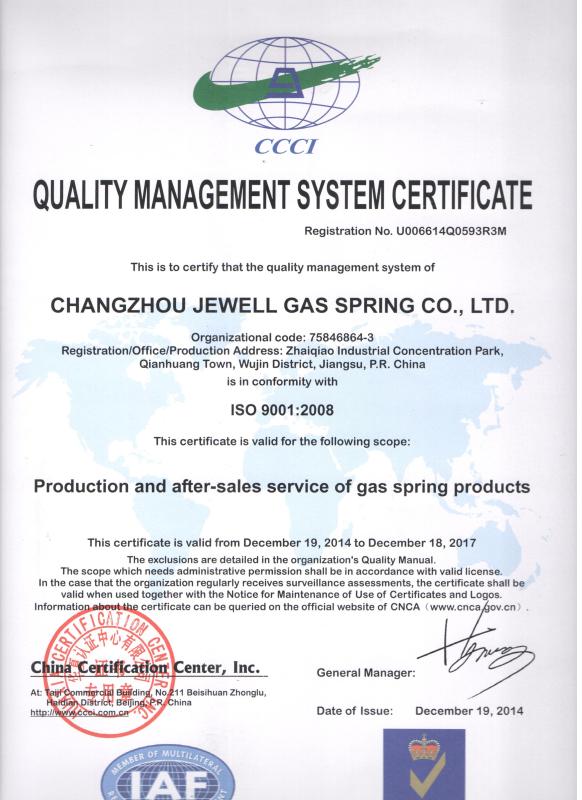 ISO 9001:2008 - CHANGZHOU JEWELL GAS SPRING CO., LTD