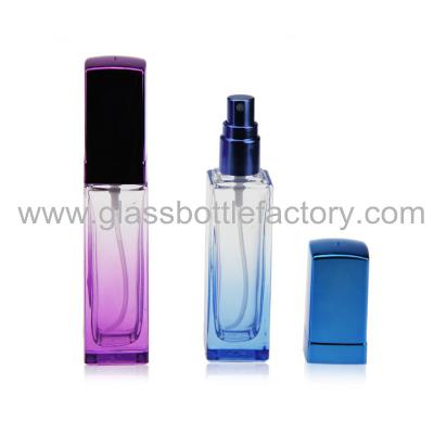 China 15ml New Model Colored Tall Square Glass Perfume Bottle With Cap and Sprayer for sale