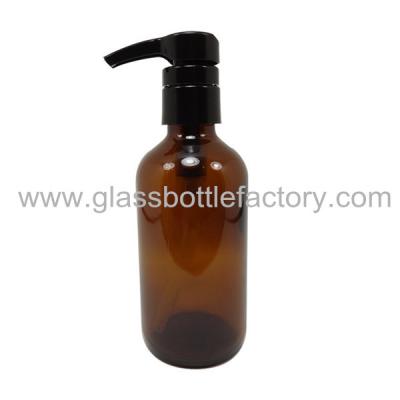 China 8oz Amber Boston Round Glass Bottle With Black Pump for sale