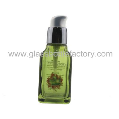 China New Design 40ml Olive Green Square Glass Lotion Bottle With Pump for sale