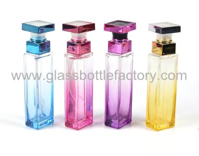 China 30ml High Quality Colored Tall Square Perfume Glass Bottles With Cap and Sprayer for sale