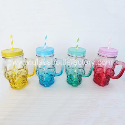 China 500ml New Item Skull Style Glass Mason Jar With Handle for sale