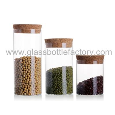 China Clear Straight Borosilicate Glass Food Storage Jars With Wood Cork for sale