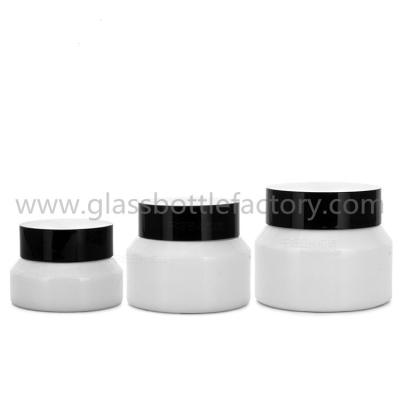 China 15,30g,50g Opal Glass White Sloping Shoulder Glass Cosmetic Jars With Black Lid for sale