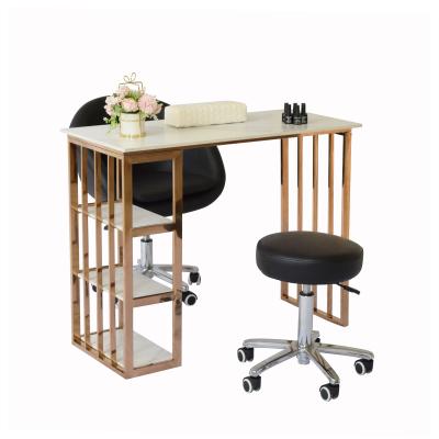 China Modern Cheap Price Mounted Modern Beautiful Manicure Table Nail Gold Desk And Chair Set Salon Furniture for sale