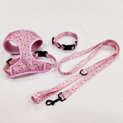 China Custom Wholesale Soft Sublimation Cartoon Pink Personalized Pet Collar Harness And Leash Set For Dogs Cats Puppy for sale