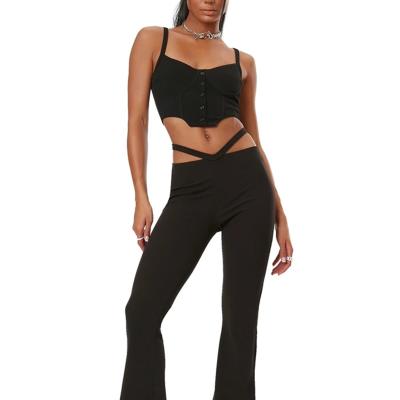 China Anti-Wrinkle Fall Ribbed To Knit Two Piece Pants Set Zipper Buttons Crop Tank Top Waist High Cut Wide Leg Pants Sets Tracksuit Women for sale