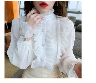 China Elegant Soft Chic Women's Blouse Stand Collar Anti-pilling Puff Sleeve Lace Ruffle Korean Chiffon Shirt Long for sale