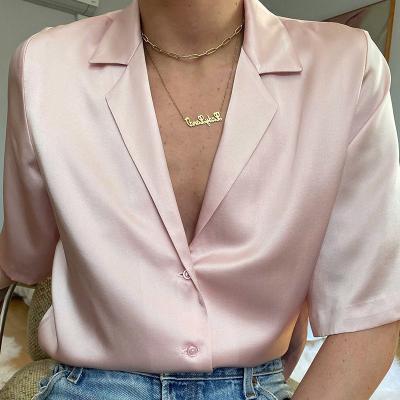 China Waterproof Summer Solid Color Buttoned Blouse Women Satin Suit Collar Fashion Shirt for sale