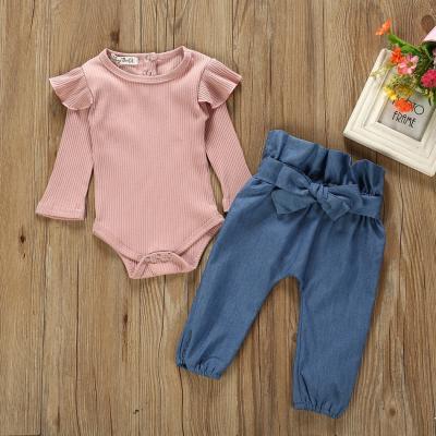 China Breathable BABY Sets Dress Pink Ruffled Sleeve Top Along With Bow Jeans Baby Suit for sale