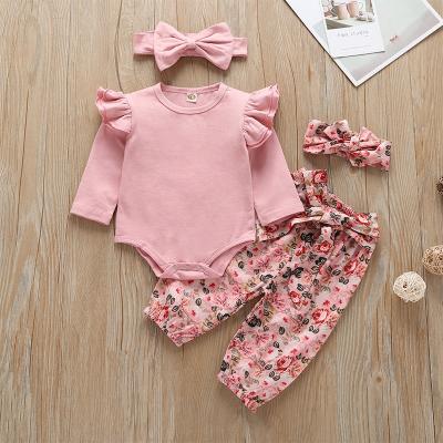 China Breathable 0-12 Month Baby Spring And Autumn Long Sleeve Suit Baby Female Clothes Printed Headdress 4 Sets Of Pants for sale