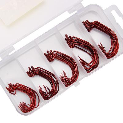 China Red Barbed Hook 50Pcs/Box 3/0#-2# Ourdoor Fishing Crank Offset Carbon Steel Wide Outdoor Fishhook For Soft Worm Lure Carp Hooks for sale