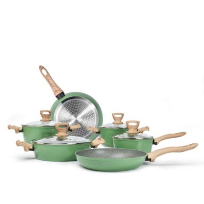 China Sustainable Durable Aluminum Non Stick Green Kitchenware Induction Camping Cooking Pot Pan Cookware Sets 10 Pieces for sale