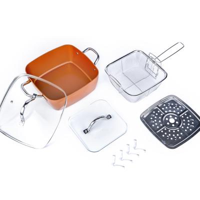 China Viable Popular 4pcs Copper Frying Square Pan Induction Glass Lid Fry Basket Steamer Rack Set for sale