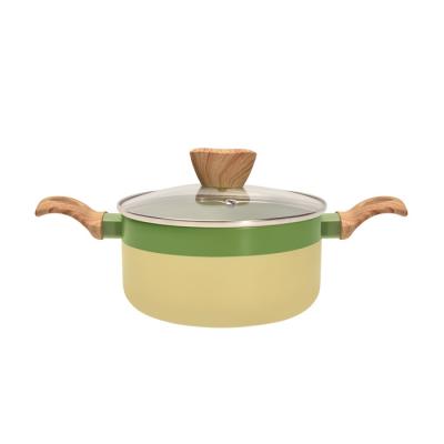 China Sustainable Non Stick Ceramic Coating Aluminum Color Double Pan Hot Pot Casserole With Wooden Handle for sale