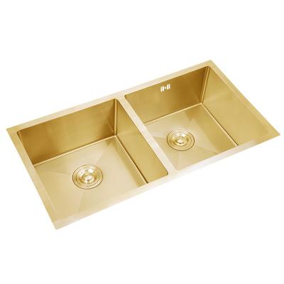 China Without Faucet Brushed Gold Under Counter Sink Vegetable Sink 304 Stainless Steel Double Bowl Kitchen Sink Factory Price for sale