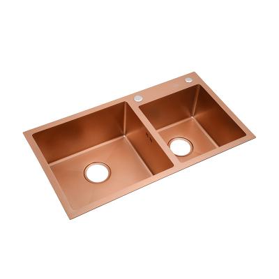 China Without Faucet 80x45cm Rose Gold Kitchen Sink Double Bowl Over Counter Sink Factory Price Manufacturer 304 Stainless Steel for sale