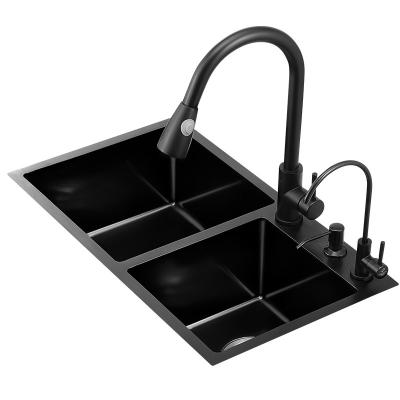 China With Faucet 304 Stainless Steel Kitchen Sink Multiple Sizes Double Bowl Undermount Wash Basin Pull Out Faucet Nano Black 68*43 cm for sale