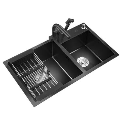 China With Faucet SUS304/201 Black Handmade Kitchen Sink Double Bowl Vegetable Washing Nano Surface Above Counter Undermount Hot Water Faucet for sale