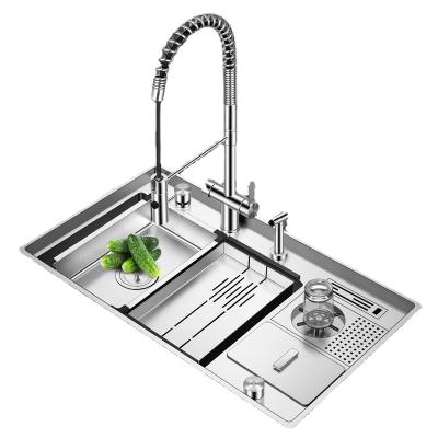 China With Faucet Cup Rinser Kitchen Sink 304 Stainless Steel High Pressure Single Sink Large Sink With Trash Can Spray Gun Faucet And Chopper for sale