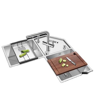 China Without Faucet Kitchen Sink SUS 304 Stainless Steel Handmade Brushed Corner Double Kitchen Sinks With Knife Holder Chopper And Drainer for sale