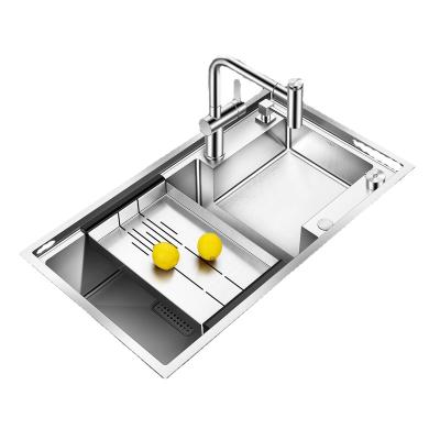 China With Faucet 304 High Low Double Bowl Kitchen Sink With Vegetable Wash Basin Stainless Steel Silver Color 80*45 for sale