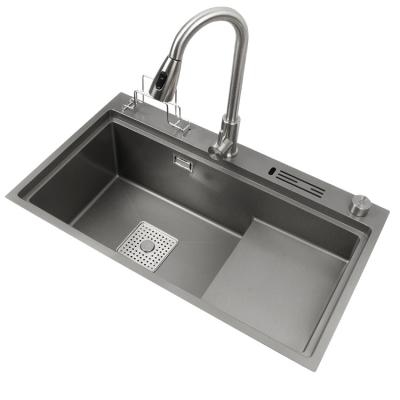 China With Faucet 2022 Color Hot Gun Gray Nano Stainless Steel Kitchen Sink Under Mount Large Single Bowl Step Sink With High Low Basin for sale