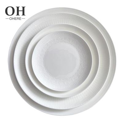 China Ohere Restaurant Western Wholesale Bone China Embossed Ceramic Elegant White Wedding Embossed Dinner Dishes Dish Dinner Plate Set for sale