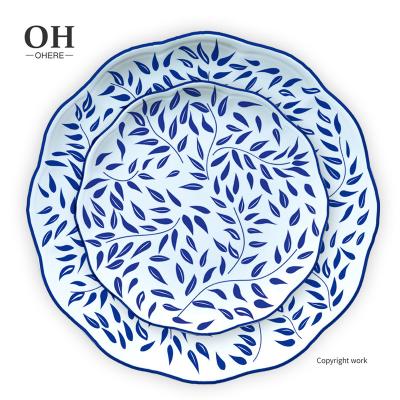 China Ohere Fashionable Ceramic Bone China Wedding Dinner Dish Decorative Fresh Dish Set Blue Leaf Pattern Salad Bowl for sale