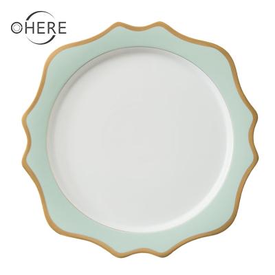 China 13 Inch Charger Dish Dinnerware Set Peppermint Green Sustainable Modern Luxury Wedding With Gold Rim Irregular Dinnerware Dish Wholesale for sale