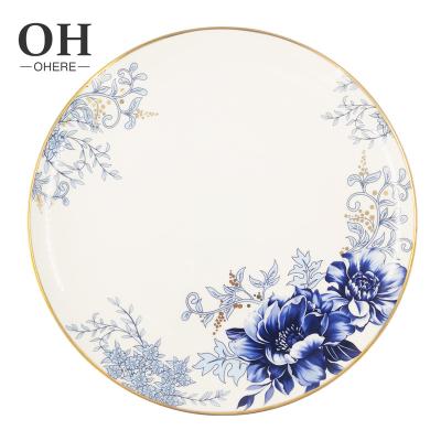 China New Chinese Style Charger Dish Sustainable Blue Peony Pattern Elegant Banquet Dinner Dish Bone Dish New Year Hand Painted Dinner Dish for sale