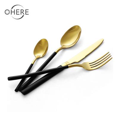 China Morden Sustainable Western Traditional Classic Luxury Black Gold Knife And Fork for sale