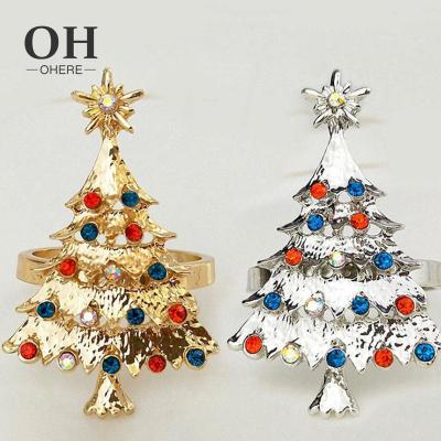 China 2020 viable restaurant tablecloth buckle gold silver christmas tree shape metal napkin ring western diamond-encrusted napkin holder for sale