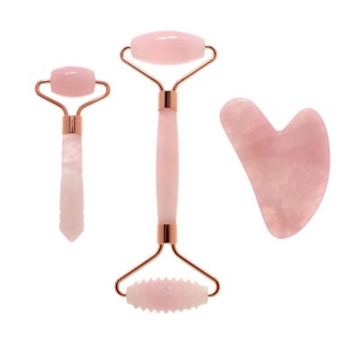 China Jade Roller Gua Sha Set Rose Quartz Natural Jade Facial Noise Massager Roller Not For Face for sale