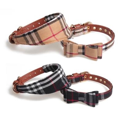 China 2021 Fast Release Classic Plaid Printed Luxury Solid Dog Collars With Triangular Bow Tie Scarf Bib Bandana Leashes Set for sale